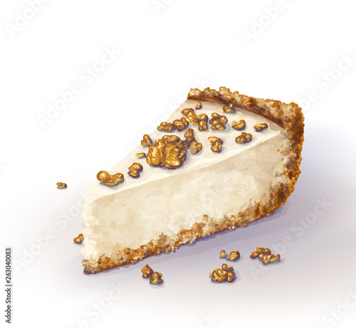 Vector piece of cheesecake cake with airy and tender, delicate creamy-curd cheese. Crisp and crumble cake with back, appetizing, realistic, homemade cakes, with walnuts. Tasty and healthy, dainty