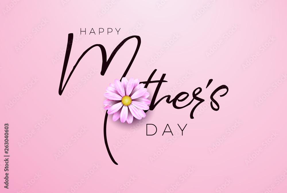 Happy Mothers Day Greeting card design with flower and typography letter on pink background. Vector Celebration Illustration template for banner, flyer, invitation, brochure, poster.