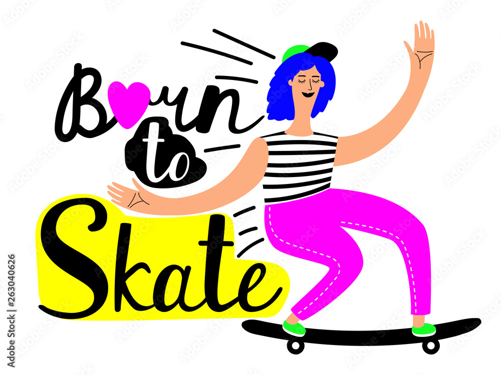 Girl riding skateboard. Active hobby vector illustration. Activity girl, ride skate, skateboarder extreme Girl riding skateboard. Active hobby vector illustration. Activity girl, ride skate, skateboarder extreme