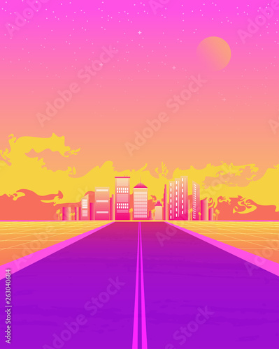 Synthwave illustration with dream road, sunset color and city on the horizon. 1980s style