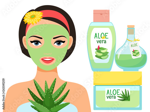 Organic cosmetics with aloe vera juice and young woman with facial mask vector illustration