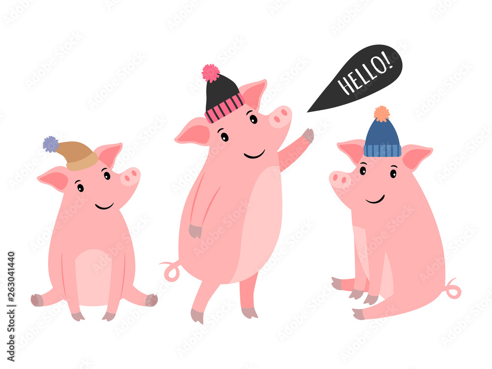 Naklejka premium Three piggy in warm winter hats vector illustration on white background