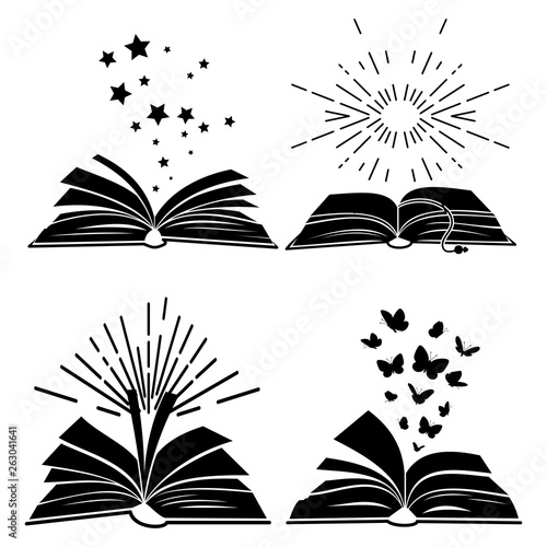 Black books silhouettes with flying butterflies, stars and sunburst, vector illustration