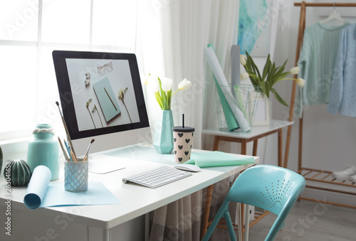 Wallpaper Mural Stylish workplace interior with modern computer on desk Torontodigital.ca