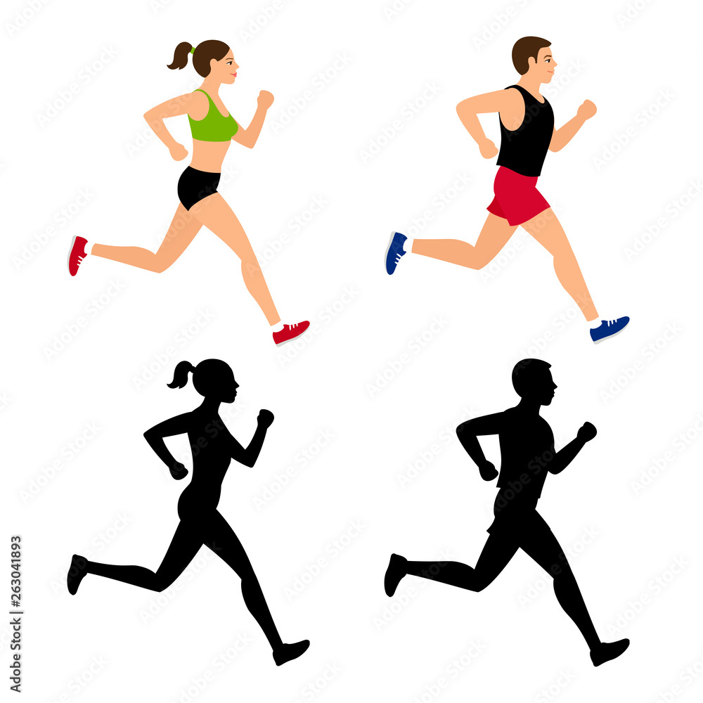 Cartoon character running people. Vector female and male jogging isolated on white background Cartoon character running people. Vector female and male jogging isolated on white background