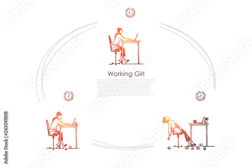 Working girl - girl sitting with laptop, working and becoming exhausted vector concept set