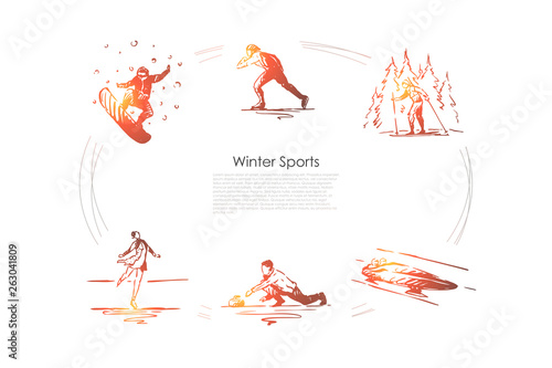 Winter sports - snowboard, skating, skiing, figure skating, bobsleigh, curling vector concept set