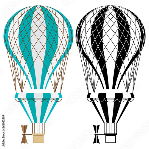 Hot air balloons. Colorful and black and white aerostat vector isolated on white background. Aerostat flight transport, air balloon, ballooning journey illustration