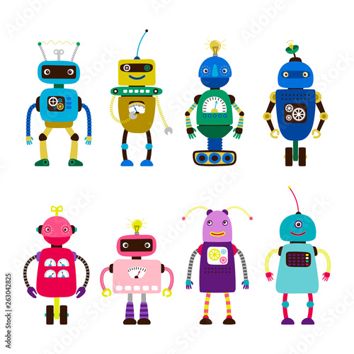 Robots for girls and boys vector isolated on white background. Robot girl toy, character robo boy electronic illustration