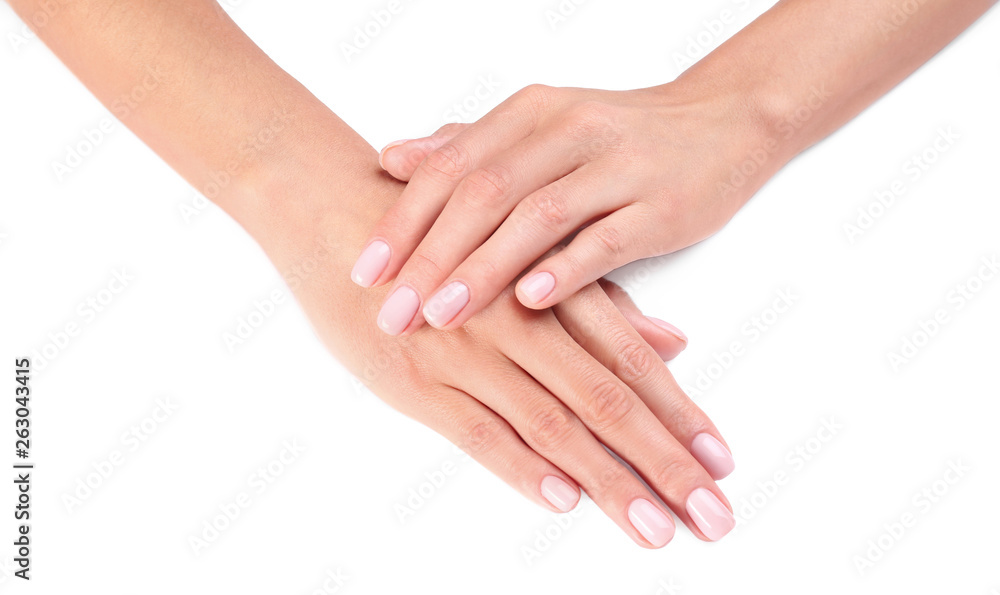 Woman with beautiful hands on white background, closeup. Spa treatment Woman with beautiful hands on white background, closeup. Spa treatment