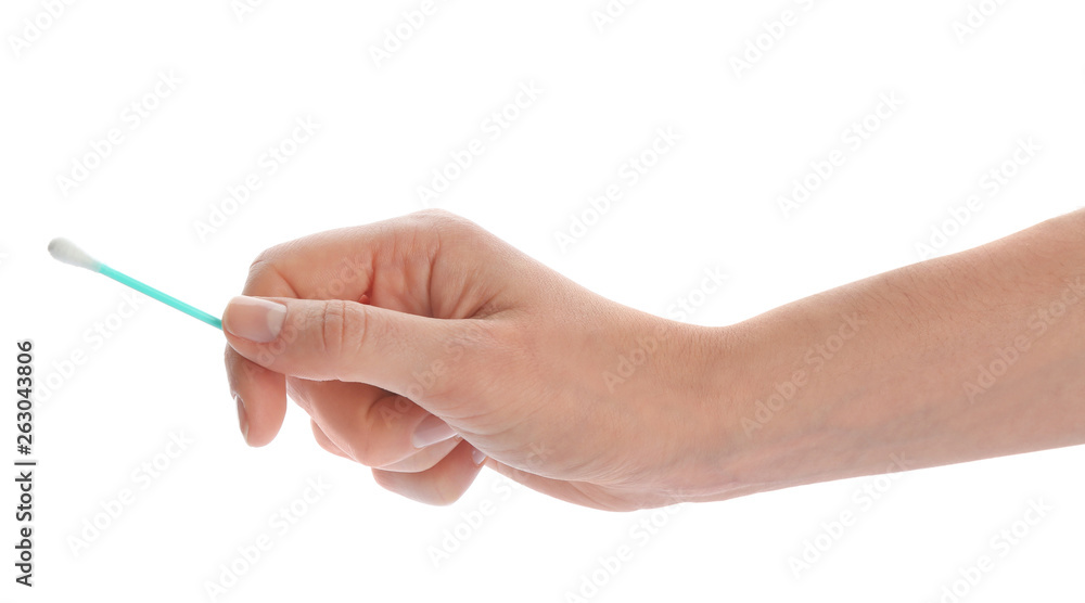Woman holding used cotton swab on white background, closeup Woman holding used cotton swab on white background, closeup