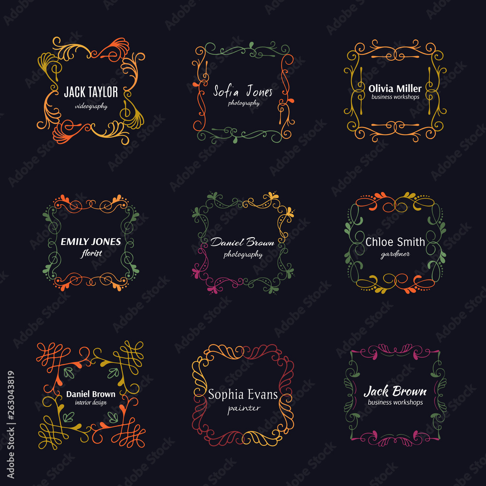 Handdrawn decorative frames isolated on dark background