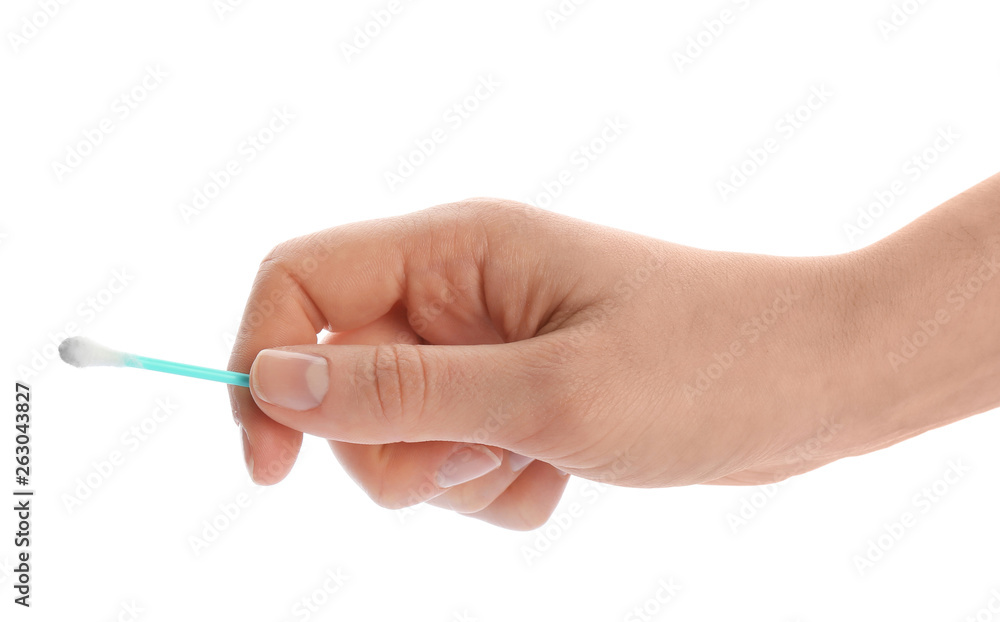 Woman holding used cotton swab on white background, closeup Woman holding used cotton swab on white background, closeup