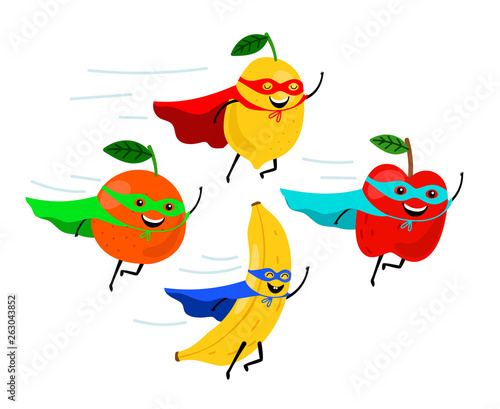 Super fruits. Smiling fruit superheroes vector illustration, colorful funny vegetarian food super heroes, cartoon fruity characters