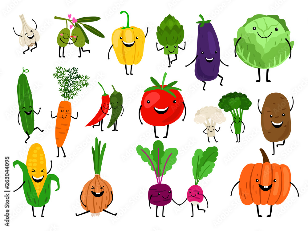 Vegetables for kids. Cartoon vegetables eating for child, funny cute  veggies characters, kawaii healthy laughing carrot smiling pumpkin, vector  icons set Stock Vector | Adobe Stock