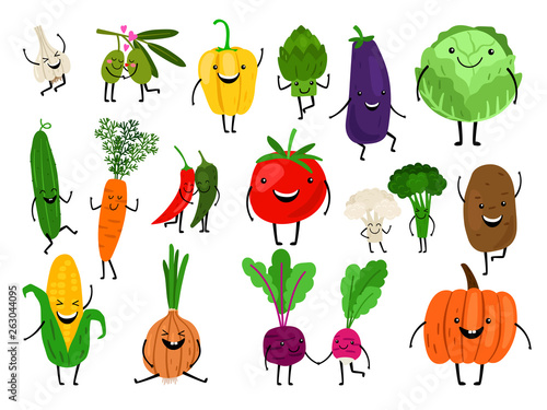 Vegetables for kids. Cartoon vegetables eating for child, funny cute veggies characters, kawaii healthy laughing carrot smiling pumpkin, vector icons set