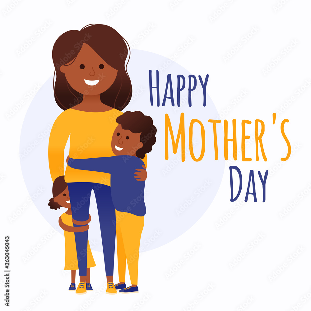 Happy Mother`s Day card with children hugging their mom, cartoon vector illustration Happy Mother`s Day card with children hugging their mom, cartoon vector illustration