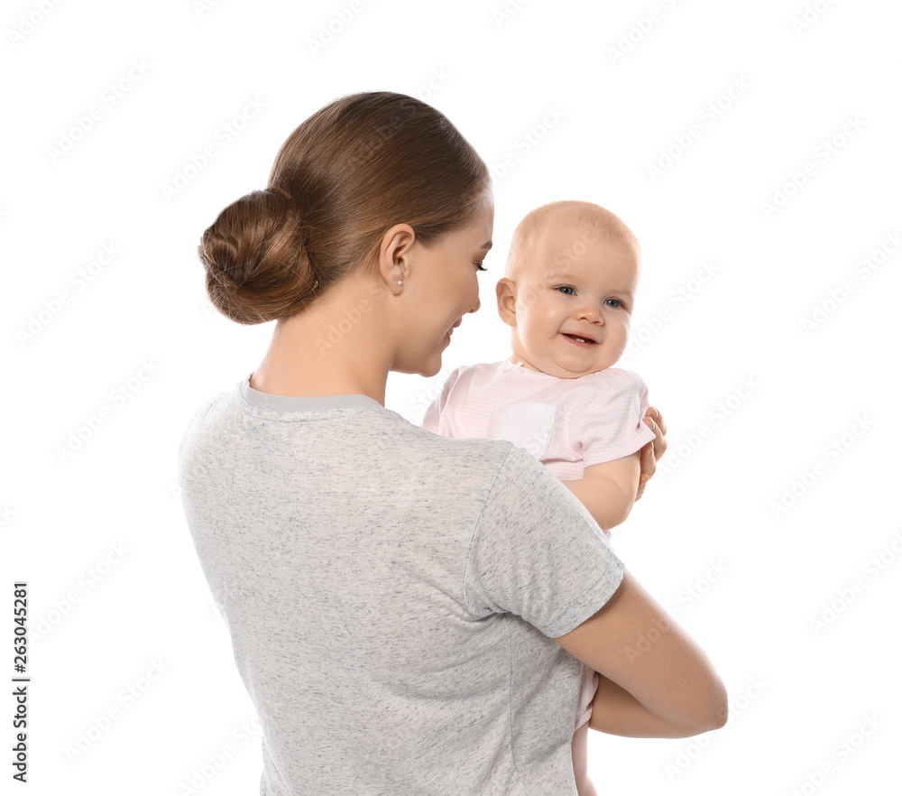 Young mother with her baby isolated on white Young mother with her baby isolated on white