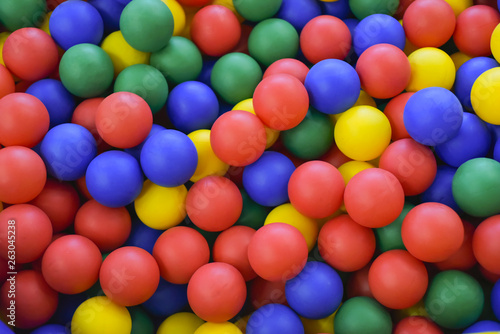 Ball color for child. Many colorful plastic balls. Child room. Colored plastic toy balls of different color for the children's pool dry. View from afar. Picture background, wallpaper, texture.