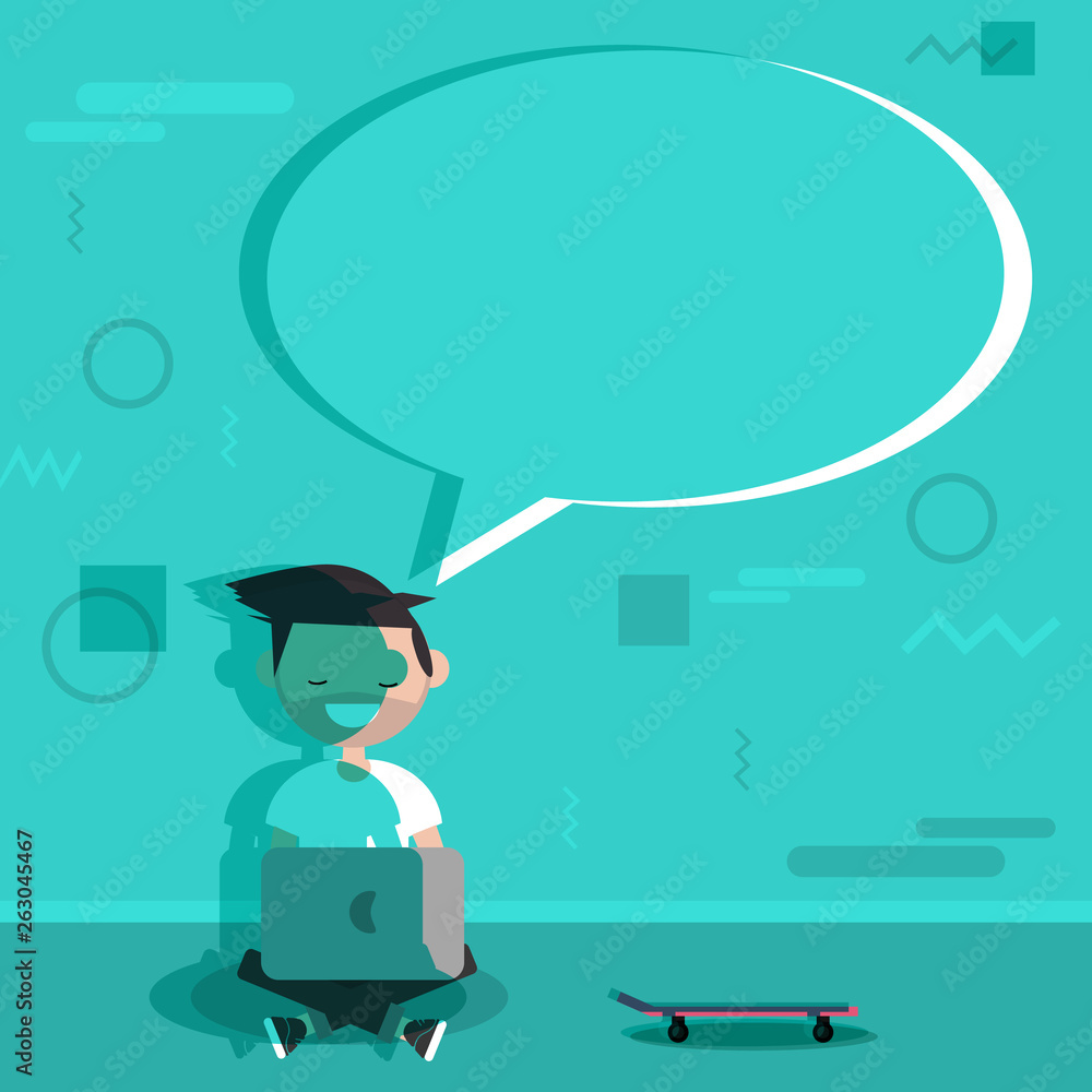 Young character sitting with laptop.Copy space.Modern geometric background.Flat cartoon design Young character sitting with laptop.Copy space.Modern geometric background.Flat cartoon design