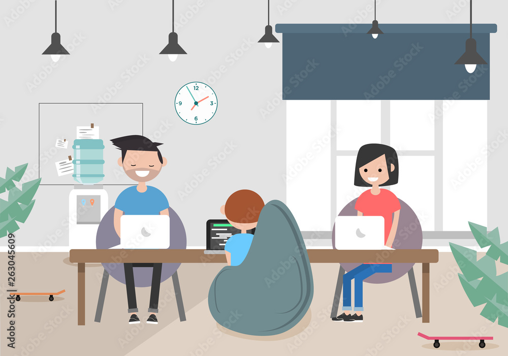 Vector illustration of coworking space. Working place, office. Modern office. Millennials at work. Flat design