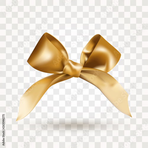 Golden elegant satin bow with knot isolated on transparent background. Realistic vector illustration. Element for design