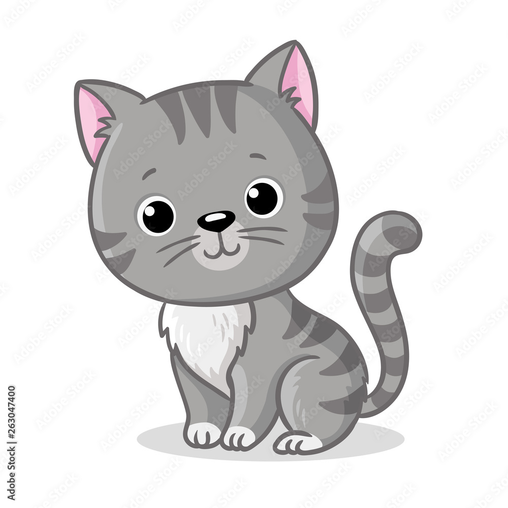 Gray kitten sitting on a white background. Cute pet in cartoon style. Gray kitten sitting on a white background. Cute pet in cartoon style.