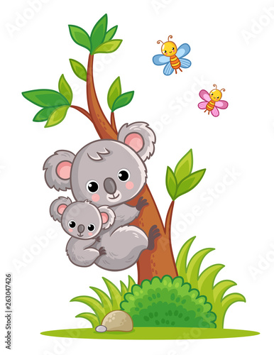 Koala with a cub on its back climbs a tree. Vector illustration with cute animal.