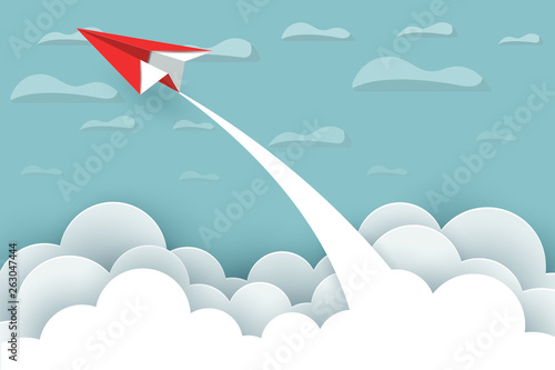 paper airplane red fly up to the sky between cloud natural landscape go to target. startup. leadership. concept of business success. creative idea. illustration vector cartoon