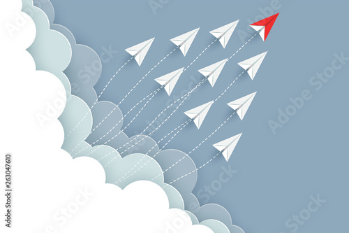 paper airplane red and white are fly up to the sky between cloud natural landscape go to target. startup. leadership. concept of business success. creative idea. illustration vector cartoon