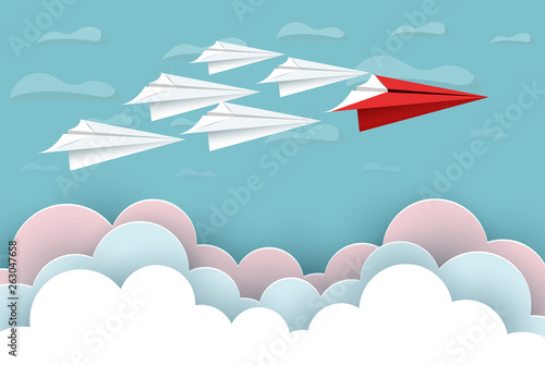 paper airplane red and white are fly up to the sky between cloud natural landscape go to target. startup. leadership. concept of business success. creative idea. illustration vector cartoon