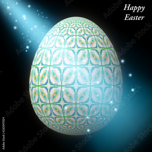 Happy Easter - Frohe Ostern  Artfully designed  abstract and colorful easter egg  3D illustration on background with bokeh and light leaks