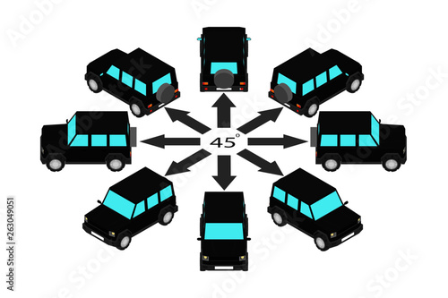 Rotation of the SUV by 45 degrees. Black sport utility vehicle in different angles in isometric.