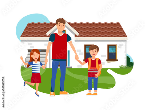 Young Father with Son and Daughter Flat Vector