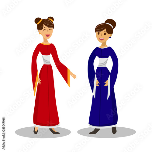 Asian Girls Conversation Color Vector Illustration