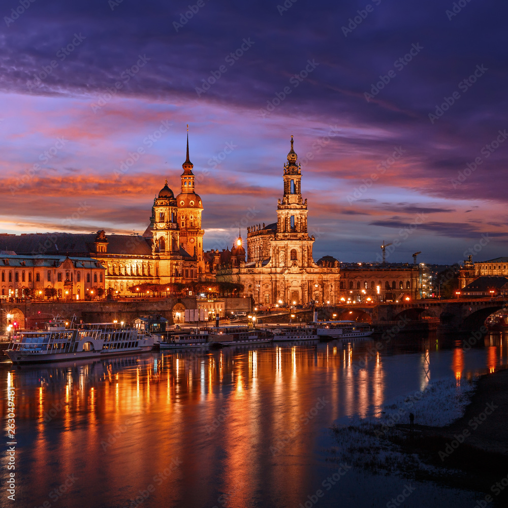 Wonderful Cityscape, The old town of Dresden with the river Elbe after sunset with colorful sky. Evening view of Academy of Fine Arts and Baroque church Frauenkirche cathedral. Instagram style Wonderful Cityscape, The old town of Dresden with the river Elbe after sunset with colorful sky. Evening view of Academy of Fine Arts and Baroque church Frauenkirche cathedral. Instagram style