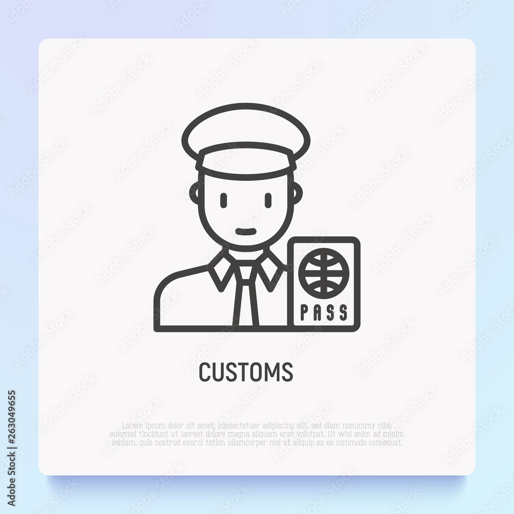 Customs thin line icon: officer checking passport. Modern vector illustration.