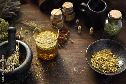 Fotografie Herbal medicine Chamomile, lavender, horsetail, nettle, herbs in traditional med