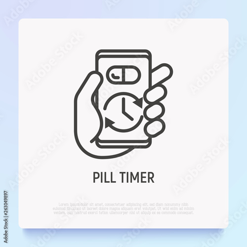 Pill timer, health mobile app thin line icon. Modern vector illustration.
