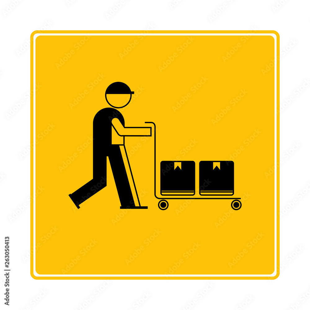 warehouse worker and trolley with boxes icon in yellow background