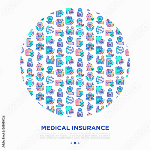 Medical insurance concept in circle thin line icons: policy, life insurance, psychological support, maternity program, 24/7 support, mobile app, telemedicine. Vector illustration for print media.