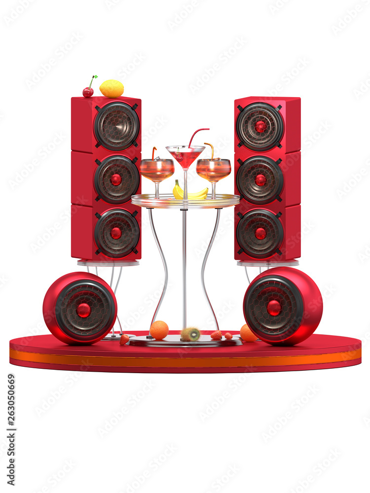 3D rendered speakers with cocktail glasses