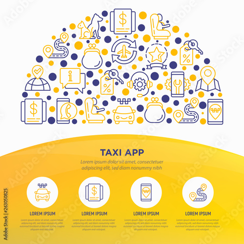 Taxi app concept in half circle with thin line icons: payment method, promocode, app settings, support service, pointer, route, airport transfer, baby seat. Vector illustration, web page template.