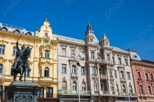 Statue of Count Ban Jelacic erected on1866 and the beautiful facades of the buildings on the main city square in Zagreb