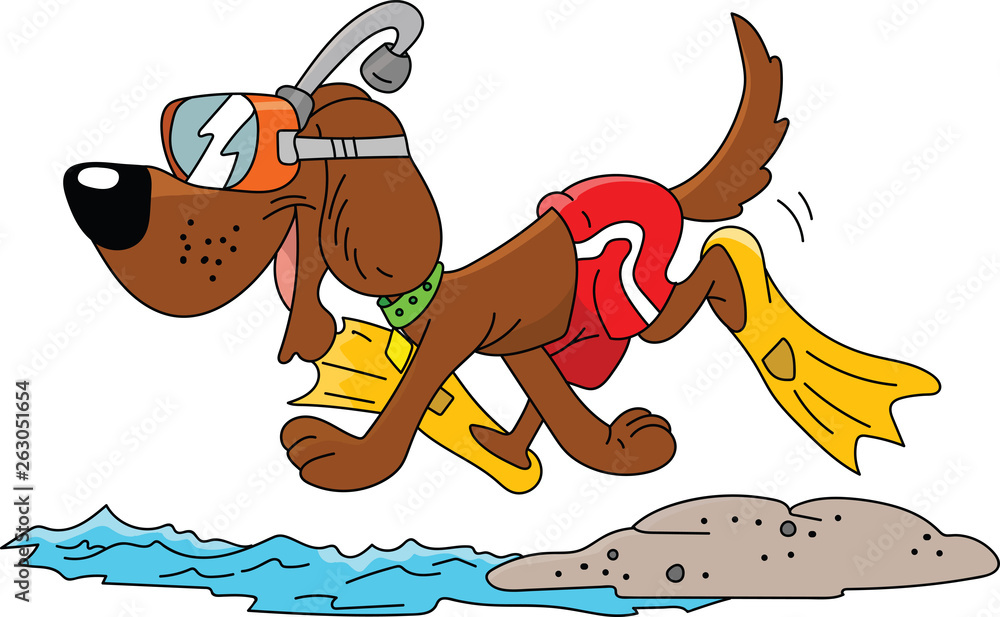 Cartoon dog wearing a snorkel and swimsuit ready for vacation vector