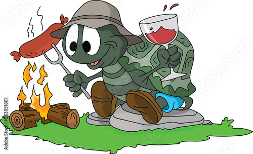Cartoon turtle cooking sausages on fire and drinking wine in the forest, camping alone vector illustration
