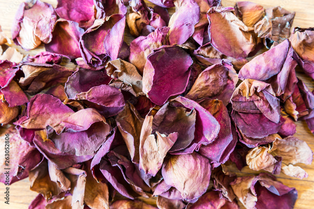 Dried rose petals: for tea, alternative medicine, potpourri. Copyscape.