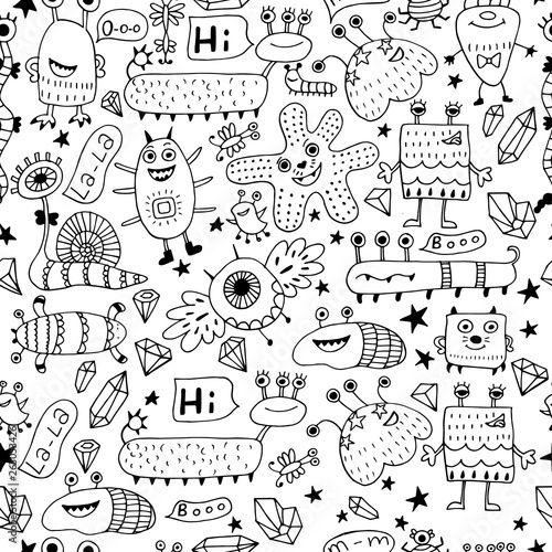 Funny monsters seamless pattern for coloring book. Black and white background. Vector illustration
