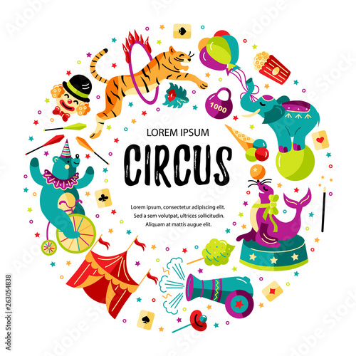 Circus. Vector illustration with animals, clowns and magicians. Template for circus show, party invitation, poster, flayer, kids birthday. Flat style.