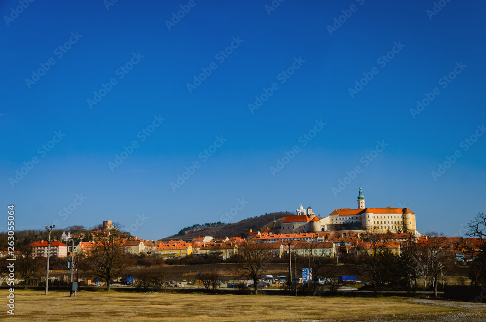 Old European remodeled Mikulov Castle with the museum. View from afar 